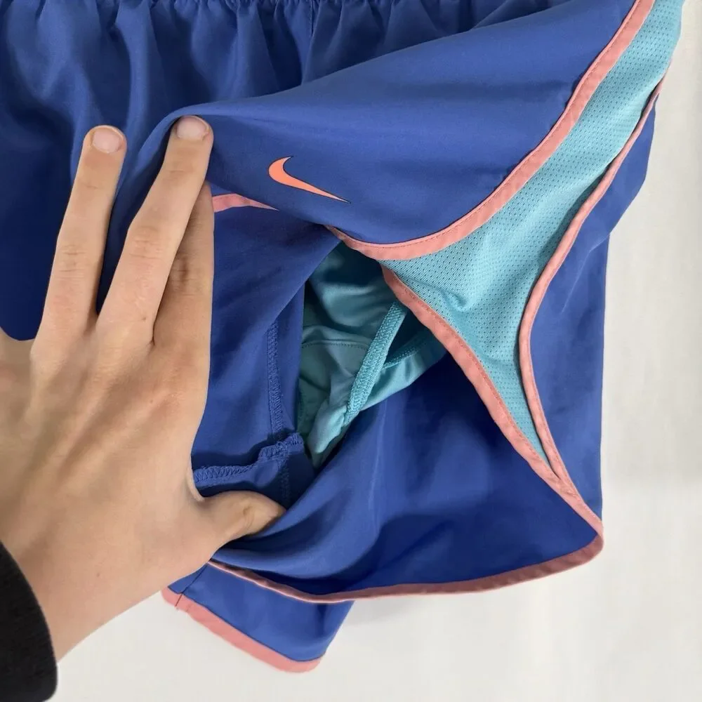 Nike Running Shorts Girl Large Blue Pink Logo Lined Drawstring 4